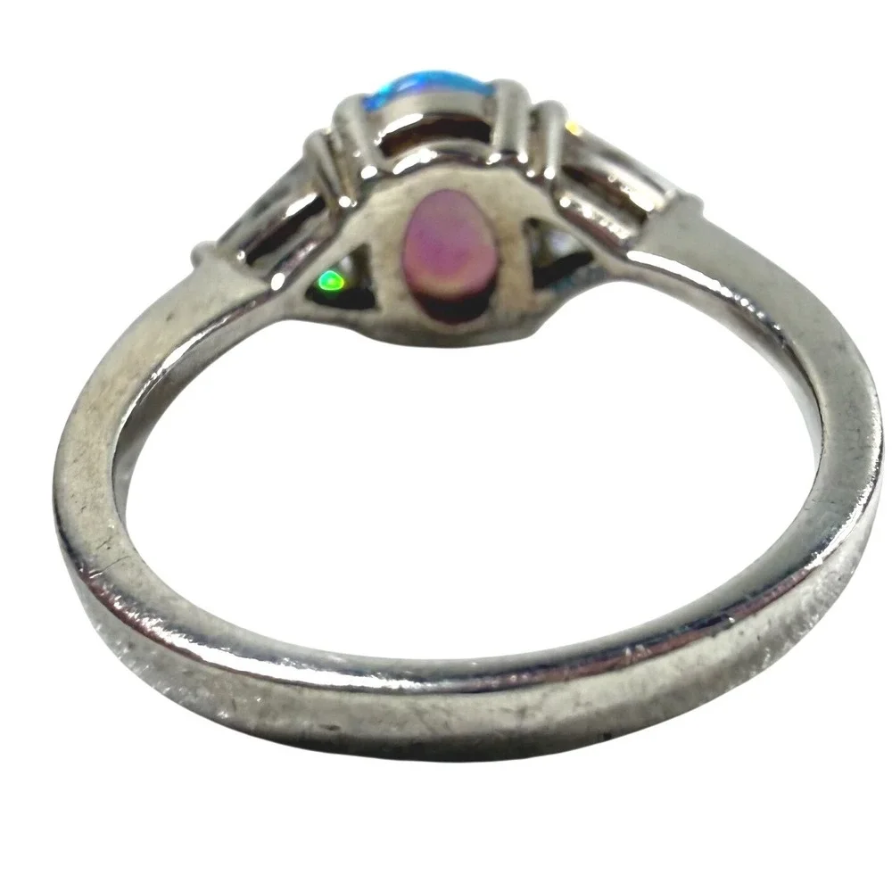 AVON Sterling Silver 925 Blue Lab Opal CZ Three Stone Ring Size 5 Vintage 1990s